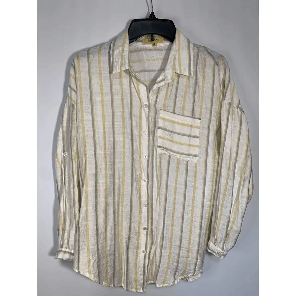 Love Notes Women’s Striped Button Down Long Sleeve Linen Shirt Multicolor Small
